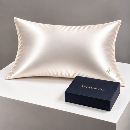 Aviae & Co. silk pillowcase with AC monogram and navy gift box