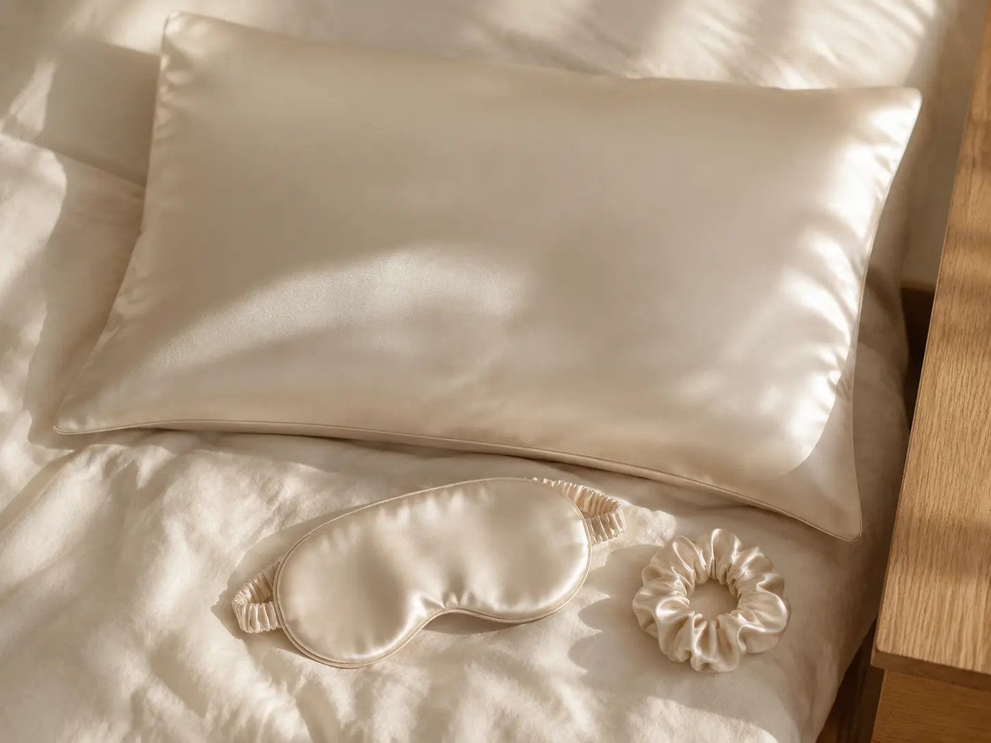 Coordinated silk pillowcase, sleep mask and scrunchie